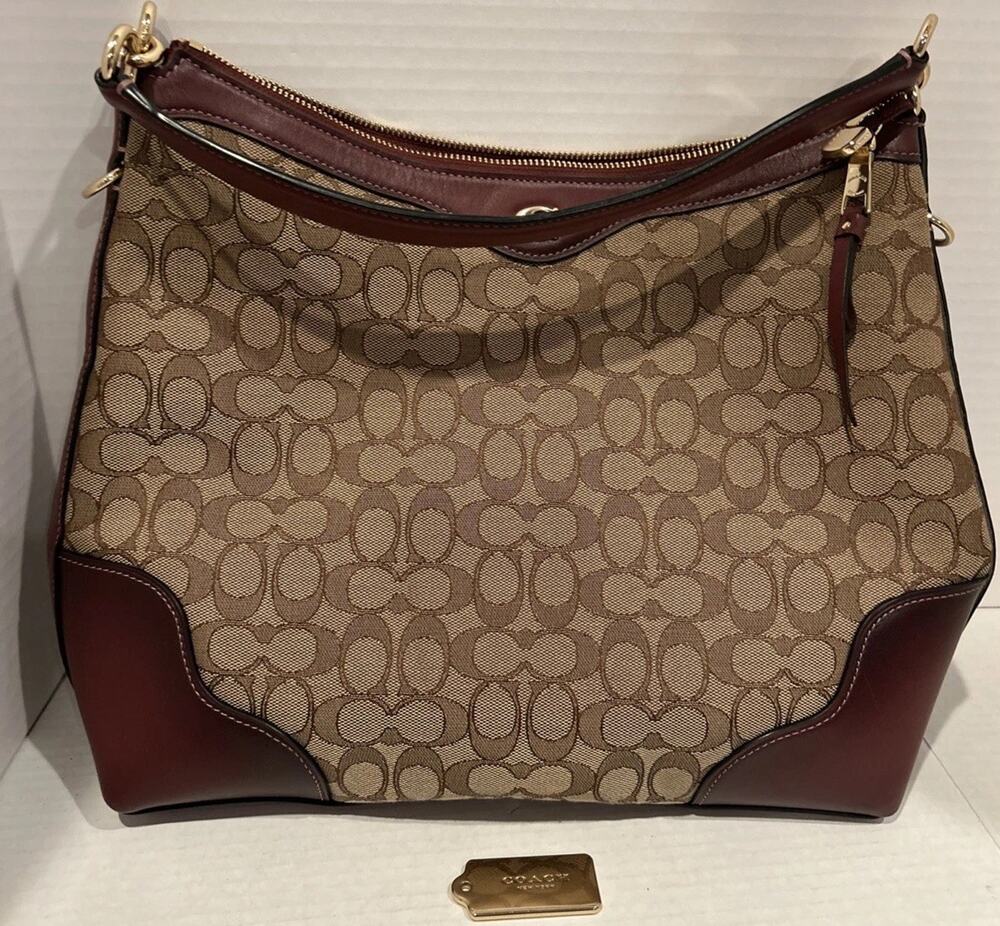Coach F34824 Ivie Burgundy Leather Trim Beige Signature Hobo Purse Hand Bag